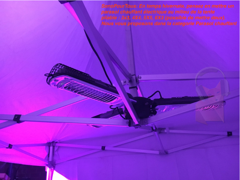 Possibilité d’utiliser un parasol électrique trois tètes dedans une tente/barnum pliable, intègre-le très facile à la structure aluminium 